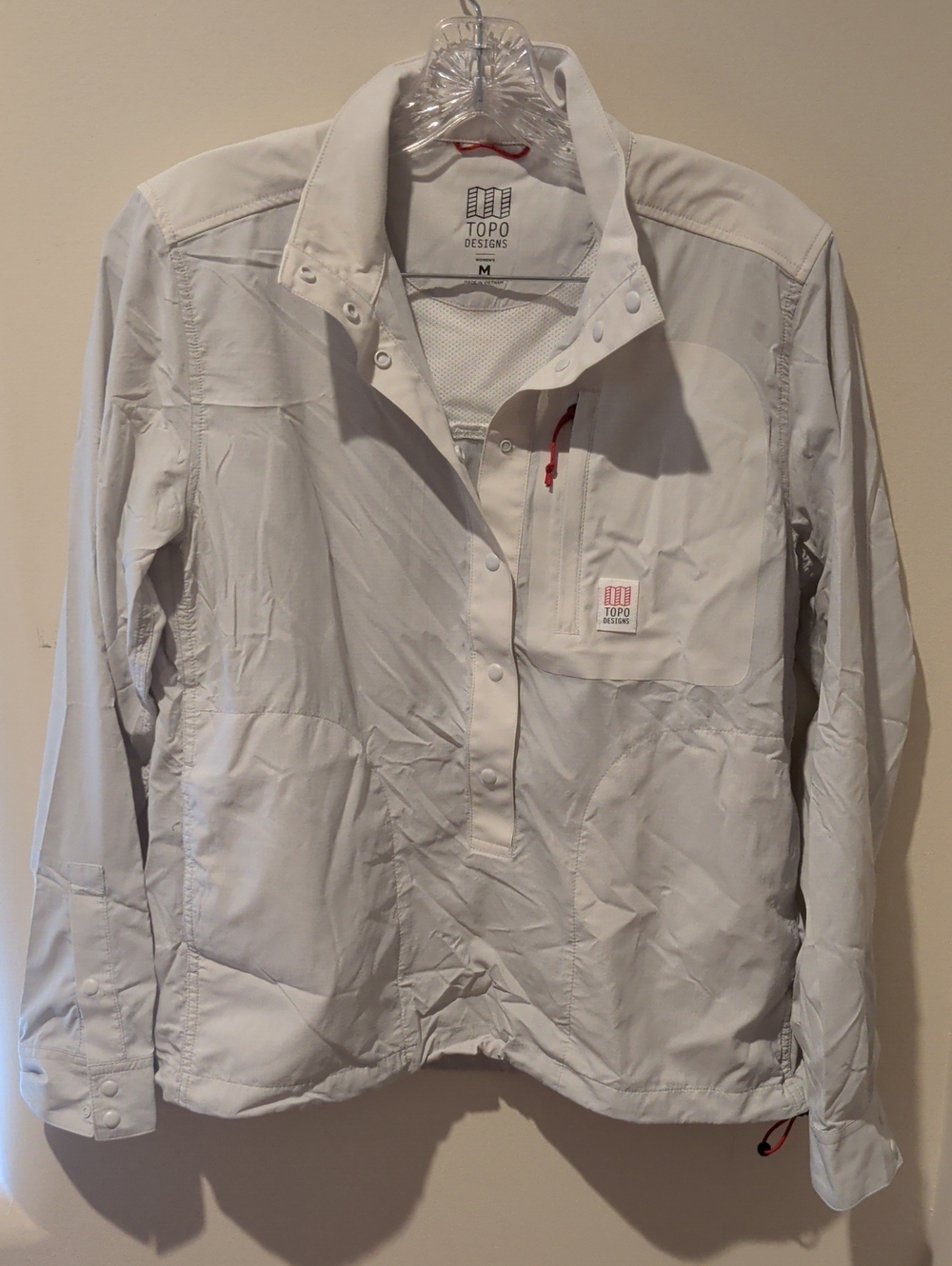 Topo Designs White Pullover Shell with Red Zip Accent